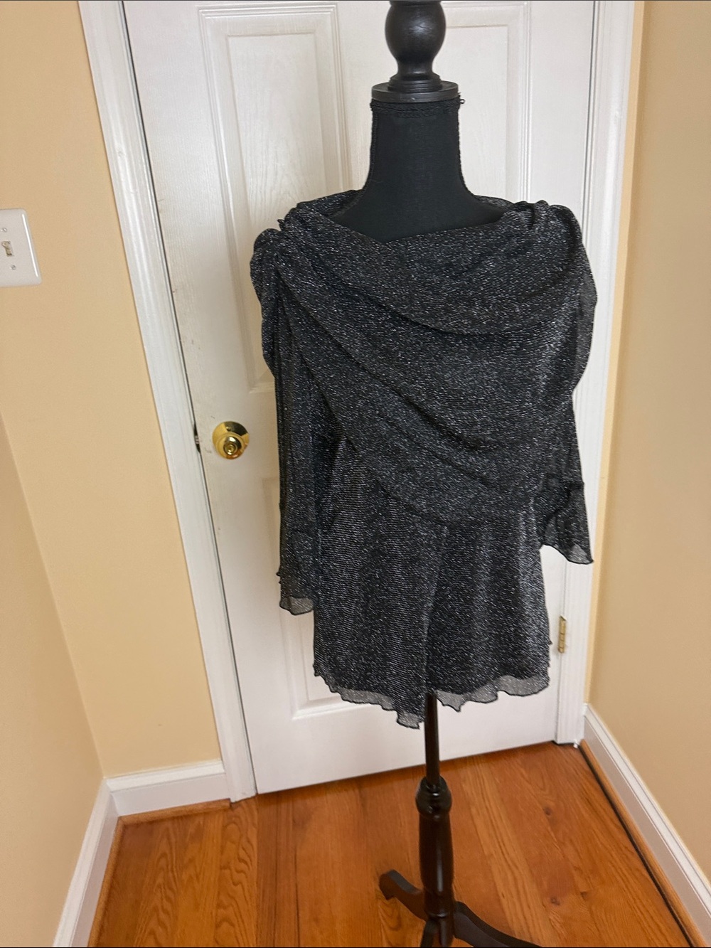 Metallic Black Draped Long-Sleeve Women's Blouse